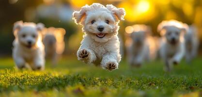 A group of puppies are running and playing in a grassy field. The puppies are all white and appear to be having a great time photo