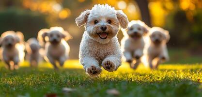 A group of small white dogs are running in a field. The dogs are all smiling and seem to be enjoying themselves photo