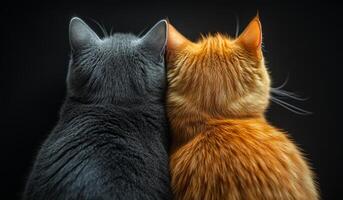 Two cats are sitting next to each other, one is black and the other is orange. The cats are looking at the camera, and their fur is fluffy photo