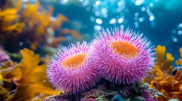 Two pink and orange sea creatures with spines on their heads. The image has a bright and lively mood, with the colors of the sea creatures and the surrounding environment creating a sense of vibrancy photo