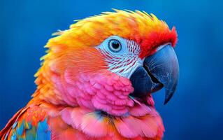 A colorful parrot with a red beak and a blue background. The parrot is looking directly at the camera photo