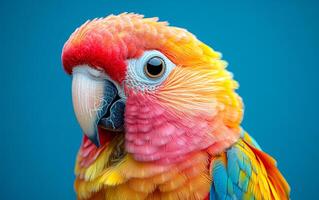 A colorful parrot with a red beak and yellow feathers. The bird is looking directly at the camera photo