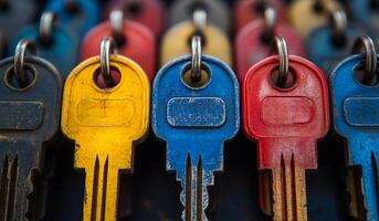 A row of keys with different colors and shapes. The keys are hanging on a chain photo