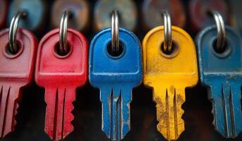 A row of keys with different colors and sizes. The keys are hanging on a chain photo