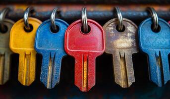 A row of keys with different colors hanging together. The keys are yellow, red, and blue photo