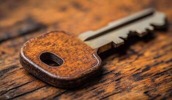 A key is sitting on a wooden surface. The key is made of metal and has a wooden handle. The wooden surface is rough and uneven, giving the image a rustic and natural feel photo