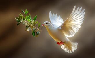 A white dove is flying over a branch with leaves. Concept of freedom and peace, as the dove is soaring through the sky with ease. The leaves on the branch provide a natural photo
