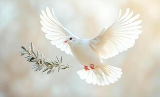 un blanco paloma es volador terminado un rama con hojas. concepto de paz y libertad, como el paloma es un símbolo de esperanza y pureza foto