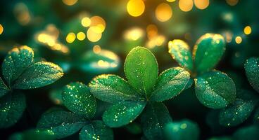 A close up of green leaves with a water droplet on each leaf. The leaves are shiny and the water droplets add a sense of freshness and vitality to the scene photo