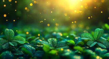 A field of green leaves with a bright sun shining on them. The leaves are wet and shiny, and the sun is casting a warm glow on the scene photo