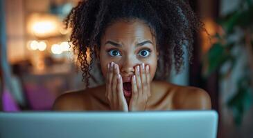 A woman with a shocked expression on her face is looking at a laptop. The scene is set in a room with a potted plant in the background photo