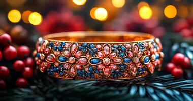 A gold and blue flowery bracelet is on a table with red berries. The bracelet is adorned with colorful stones and beads, giving it a festive and elegant appearance. The combination of the bracelet photo