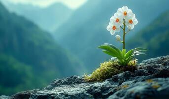 A small white flower is growing on a rock in the mountains. Concept of serenity and tranquility, as the flower stands out against the rocky landscape photo