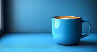 A blue coffee cup sits on a blue countertop. The cup is half full of coffee, and the liquid is swirling inside. Concept of calm and relaxation photo