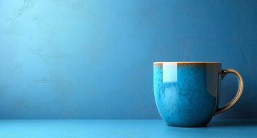 A blue mug sits on a countertop in front of a blue wall photo