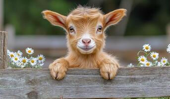 A baby goat is standing in front of a wooden fence with flowers in the background. The goat is smiling and looking at the camera photo
