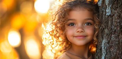 A young girl with curly hair is standing in front of a tree. She is smiling and looking at the camera photo
