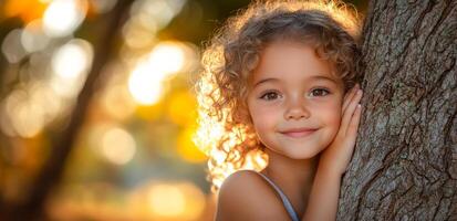 A young girl with curly hair is hugging a tree trunk. The image has a warm and playful mood, with the girl's smile and the tree's natural texture creating a sense of comfort and joy photo