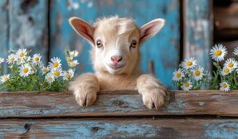A baby goat is standing in front of a wooden fence with flowers in the background. The goat is looking at the camera with a smile on its face photo