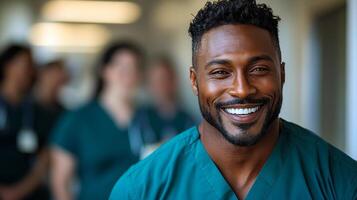A smiling black man in a green scrubs shirt. He is the center of attention. The other people in the background are wearing green scrubs as well photo