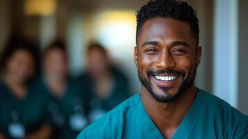 A smiling man in a green scrubs shirt. He is smiling and looking at the camera. There are other people in the background photo