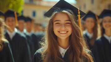 A woman in a graduation gown is smiling and posing for a picture. Concept of accomplishment and pride, as the woman is wearing a cap and gown, which are typically worn during graduation ceremonies photo