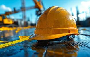 A yellow hard hat is laying on the ground next to a construction site. Concept of caution and safety in a potentially dangerous environment photo