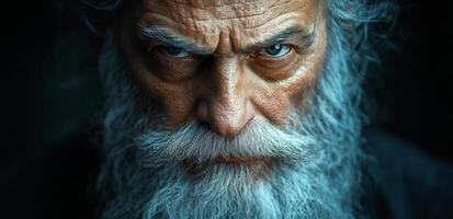 A man with a beard and a beard is looking at the camera with a stern expression. The man's face is wrinkled and his eyes are narrowed photo