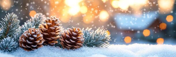 A snowy landscape with pine cones and a house in the background. The pine cones are covered in snow and are scattered around the ground. The scene has a peaceful and serene mood, with the snow photo