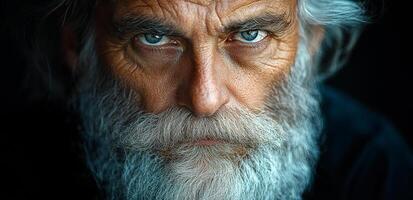 A man with a beard and a blue eye staring at the camera. The man has a serious expression on his face photo