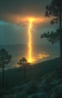A lightning bolt is seen in the sky above a forest. The sky is dark and cloudy, and the lightning bolt is the only source of light in the scene. Scene is ominous and foreboding photo