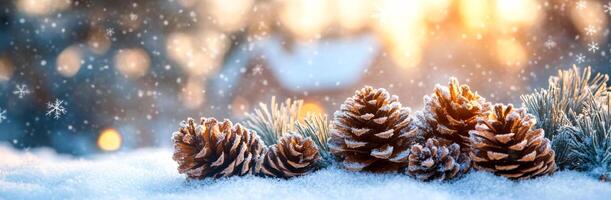 A snowy landscape with pine cones on the ground. The pine cones are covered in snow and are scattered around the area. The scene has a peaceful and serene atmosphere, with the snow photo