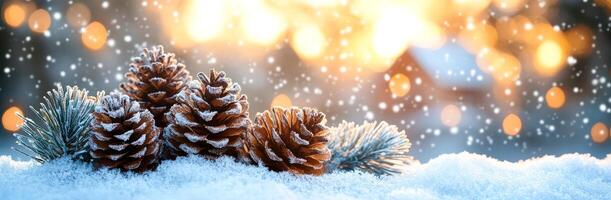 A snowy landscape with pine cones on the ground. The pine cones are covered in snow and are arranged in a way that creates a sense of warmth and coziness photo