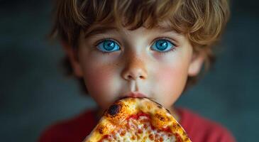 A young boy is eating a slice of pizza. The pizza is on a plate and the boy is holding it in his hand photo