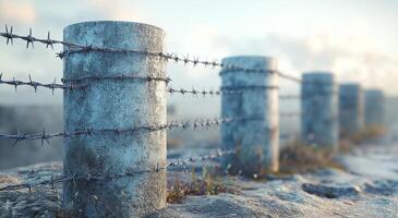 A fence with barbed wire on top of it. The fence is made of concrete and is surrounded by a rocky area. The fence is tall and has a menacing appearance photo