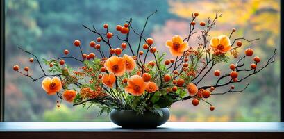 A vase of orange flowers sits on a table by a window. The flowers are arranged in a way that makes them look like they are growing out of the vase photo