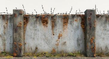 A rusted concrete wall with a lot of weeds growing on it. The wall is covered in moss and has a lot of rust photo