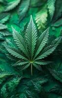 A close up of a marijuana leaf on a green background. The leaf is the main focus of the image, and it is the only thing visible. The green background adds a sense of freshness photo