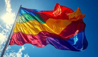 A rainbow flag is flying in the sky. The flag is colorful and has a rainbow pattern. The sky is clear and blue, and the sun is shining brightly. The flag is waving in the wind photo