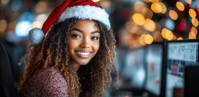 A woman with curly hair is smiling and wearing a red Santa hat. She is sitting in front of a computer with a Christmas tree in the background photo