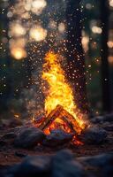 A fire is burning in a pile of wood, with sparks flying out of it. The scene is set in a forest, with trees in the background. Scene is warm and cozy photo