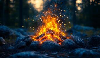 A fire is burning in a pile of wood. The fire is orange and the smoke is rising into the air. The scene is peaceful and calming, with the fire providing warmth and light photo