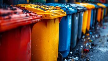 A row of trash cans are lined up, some are yellow, some are blue, and some are red photo
