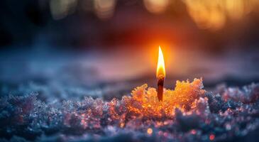 A single candle is lit in the snow. Concept of warmth and comfort, despite the cold and snowy surroundings. The candle's light illuminates the snow, creating a beautiful and serene scene photo