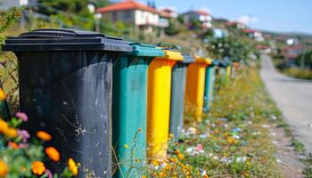 A row of trash cans are lined up on the side of a road. The trash cans are of different colors, including black, green, and yellow. Concept of organization and cleanliness photo