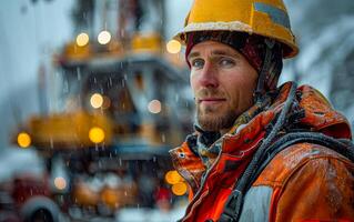A man in a yellow helmet and orange jacket stands in front of a large machine. He looks happy and confident photo
