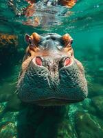 A hippo is swimming in the water with its head sticking out. The water is clear and the hippo's face is visible photo