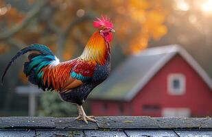 A colorful chicken stands on a roof next to a red barn. The bright colors of the chicken and the barn create a cheerful and lively atmosphere photo