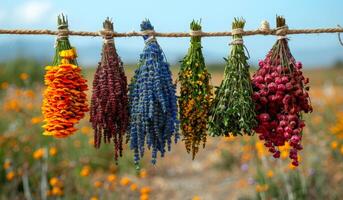 Medicinal herbs. Traditional methods of treatment. The flowers are of different colors and sizes. The scene is set in a field with a blue sky in the background photo