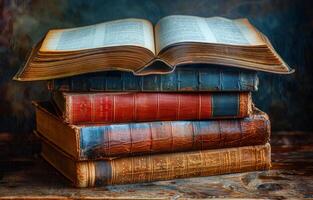 A stack of old books with a Bible on top. Concept of history and tradition, as well as the importance of reading and learning photo